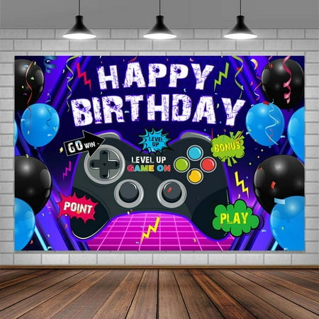 Image of Video Game Party Decorations Backdrop Happy Birthday Background Game on Birthday Party Backdrop Purple Backdrop Game on Backdrop Banner Photo Backdrop Boy Birthday Backdrop 9X6FT