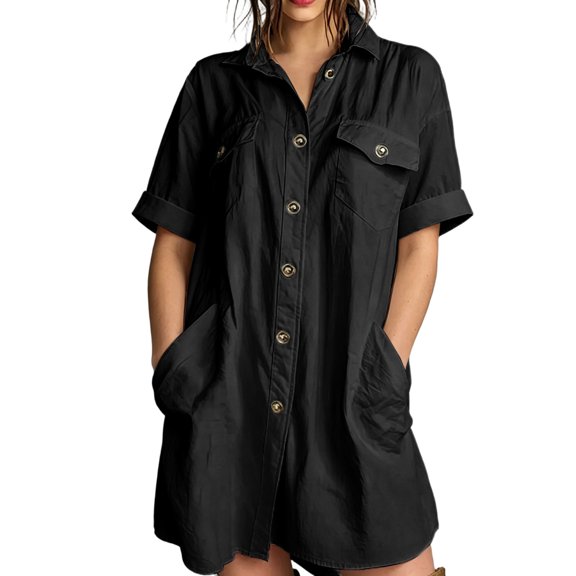 GZMOALH Women's Short Sleeve Utility Shirt Dress with Point Collar, Button Front and Large Pockets