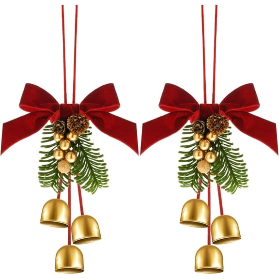 2 Pcs Christmas Wreath Bows with Jingle Bells and Pinecone Hanging Christmas Tree Topper Xmas Bow Pine Cones with Bell Pendant Decorative Bows Ornament for Party Decoration Kitchen Cabinet
