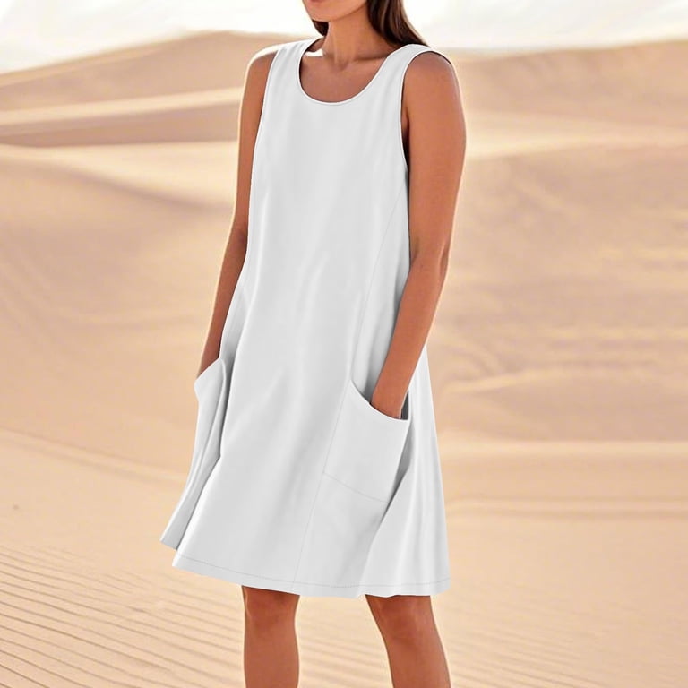 Women's Summer Sleeveless Mini Sundress - Casual Crewneck Beach Dress With Pockets