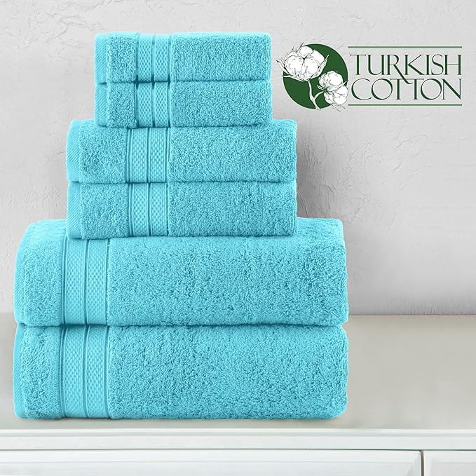 Elegant Comfort 6-Piece Towel Set - Three Line Popcorn Design, 100% Turkish Cotton, Soft and Absorbent, Quick-Drying, 2 Bath Towels, 2 Hand Towels, 2 Washcloths - Aqua