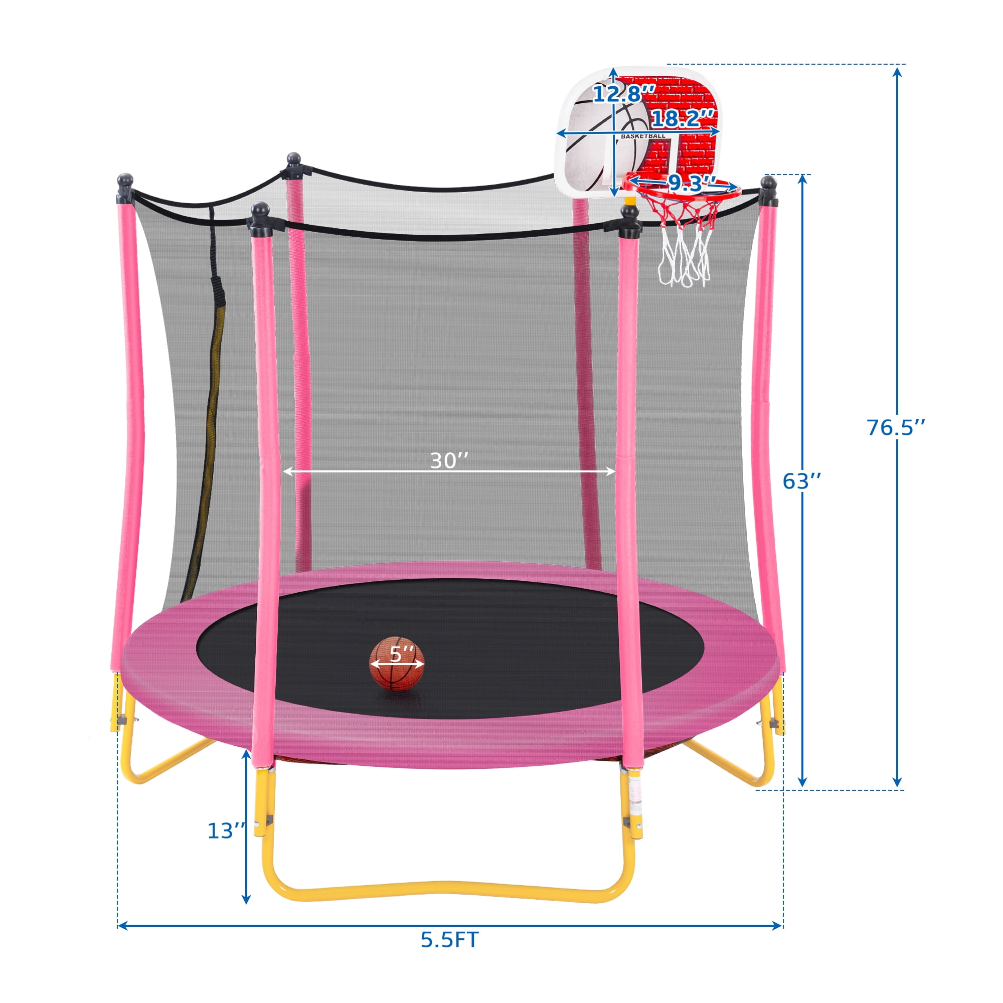 EUROCO 5.5FT Kids Trampoline with Basketball Hoop, Indoor & Outdoor Mini Toddler Trampoline with Enclosure Net, Easy to Assemble