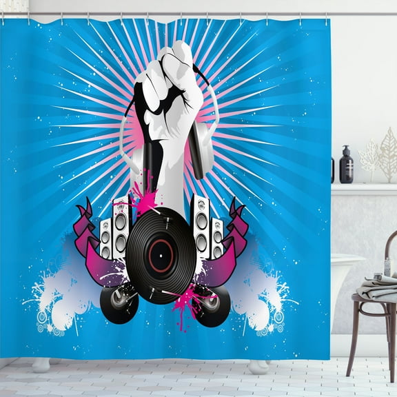 Ambesonne Modern Shower Curtain, Music Elements Graffiti, 69"Wx70"L, Blue Fuchsia and Dust