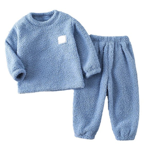 Baby Girls Pajama Sets Thick Lined Solid Color Home Wear Long Sleeve Winter Warm Outfits Blue 18-24 Months