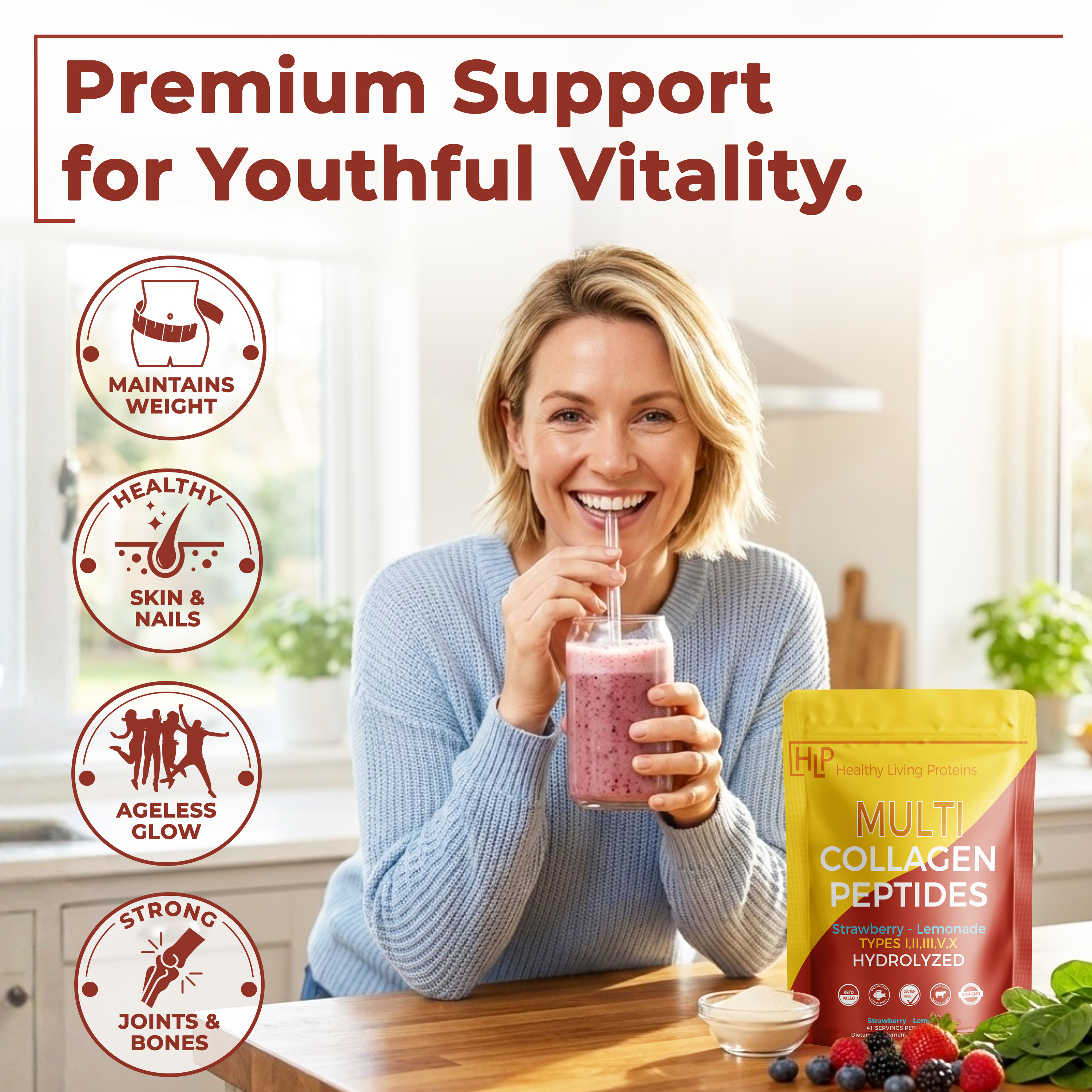 Healthy Living Proteins Multi Collagen Peptides Powder, Str-Lemonade, 1lb