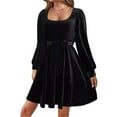 thumbnail image 2 of Women's Velvet Long Sleeve A Line Dress with Belted Silhouette Ninety Two Percent Polyester and Eight Percent Spandex, 2 of 4