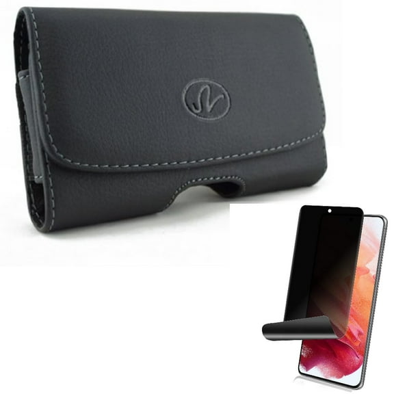 Privacy Screen Protector w Case Belt Clip for Samsung Galaxy S21 Plus - TPU Film (Fingerprint Works) Anti-Peep, Leather Swivel Holster