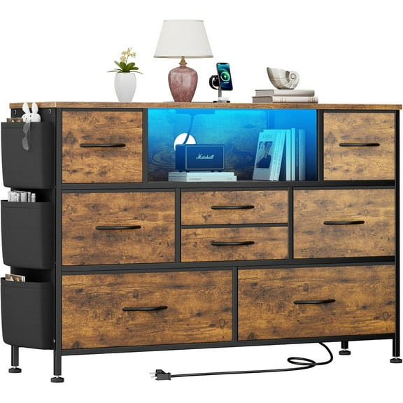 Dresser for Bedroom with 8 Drawers, Dresser TV Stand with LED Lights, Fabric Chest of Drawers with Side Pocket for Living Room, Entryway, Bedroom Furniture (Rustic Brown)