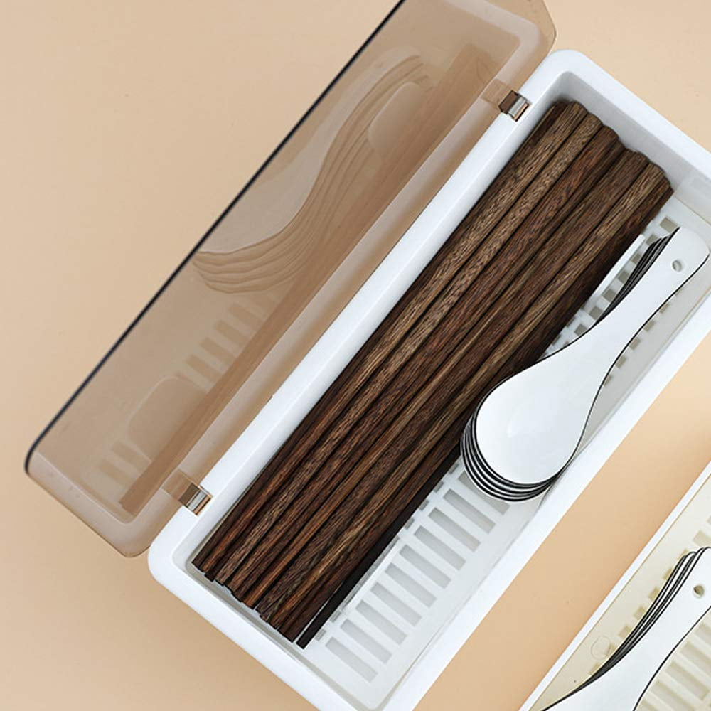 White Flatware Tray Kitchen Drawer Organizer With Lid And Drainer - Plastic Kitchen Cutlery Tray and Utensil Storage Container with Cover - 11.0 Inch Silverware Holder Drawer Organizer.