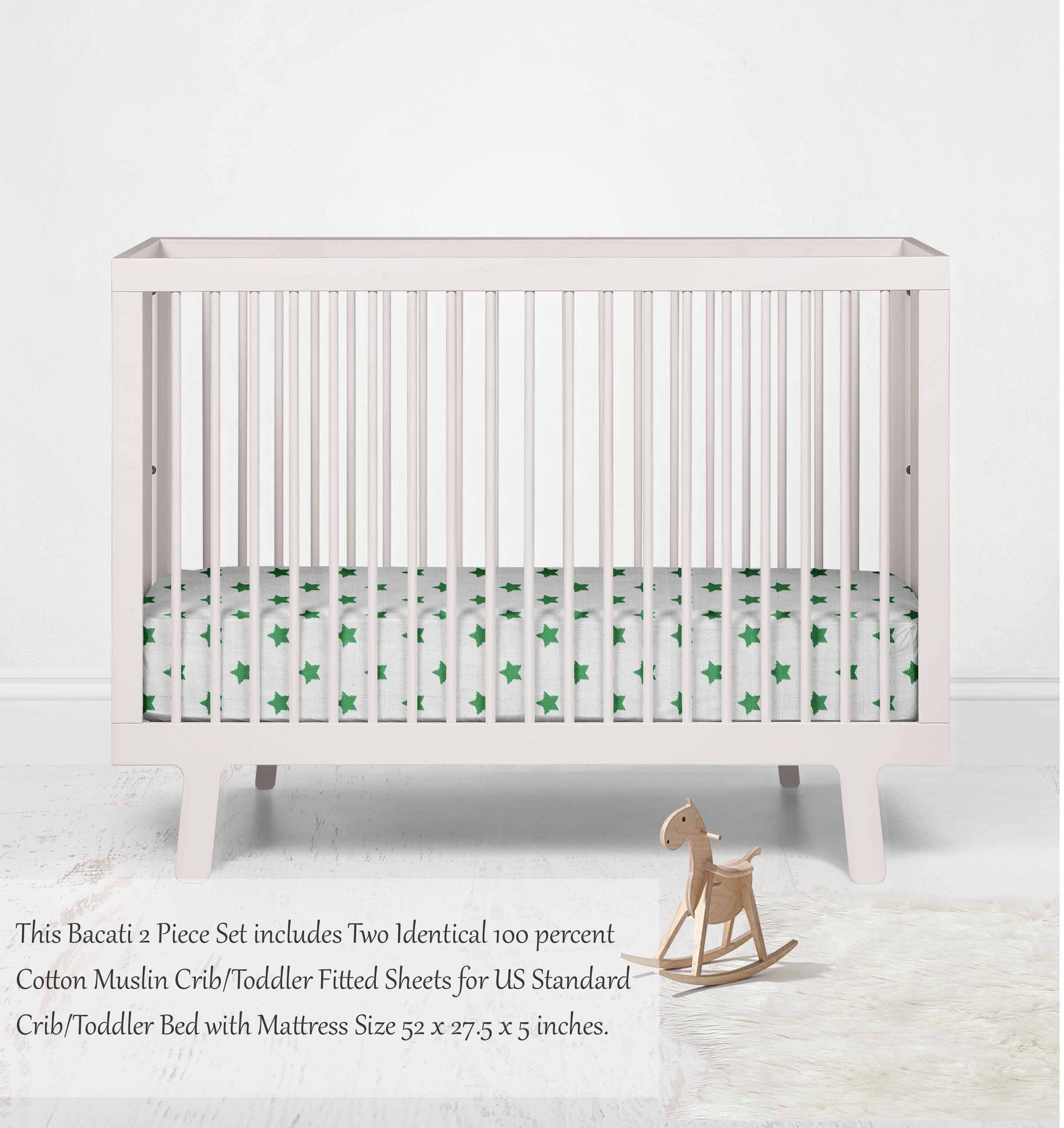 Bacati - Stars Crib/Toddler Bed Fitted Sheets 100% Cotton Muslin 2 Pack, Green