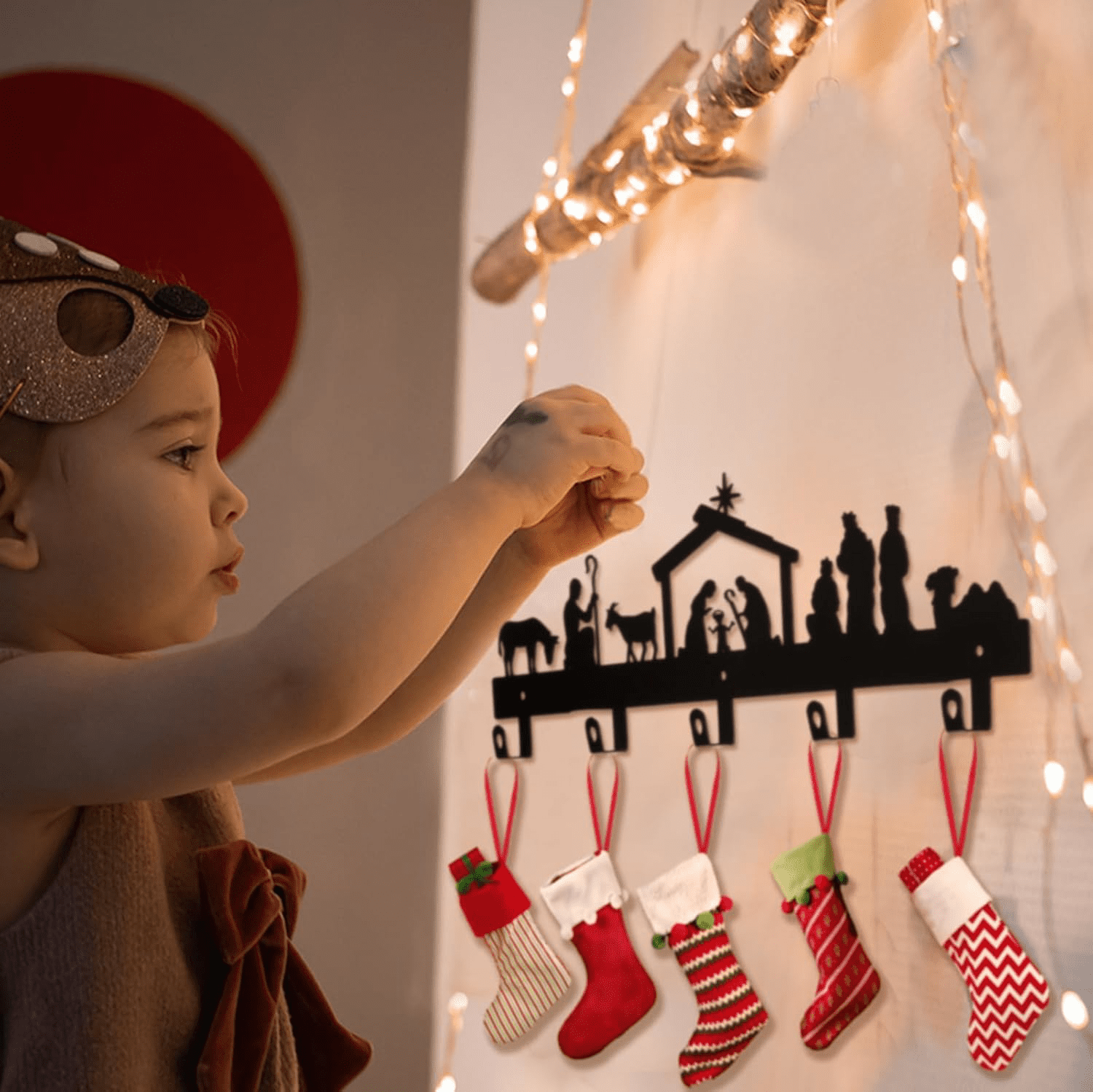 Festive Wall Mounted Stocking Holder with Decorative Hooks for Holiday Decor and Gift Storage