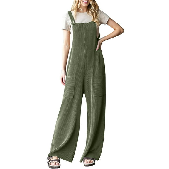 Baqcunre Women's Jumpsuit, Women's Casual Jumpsuits Ribbed Front Pocket Loose Overalls Sleeveless Wide Leg Long Pant Rompers Army Green L