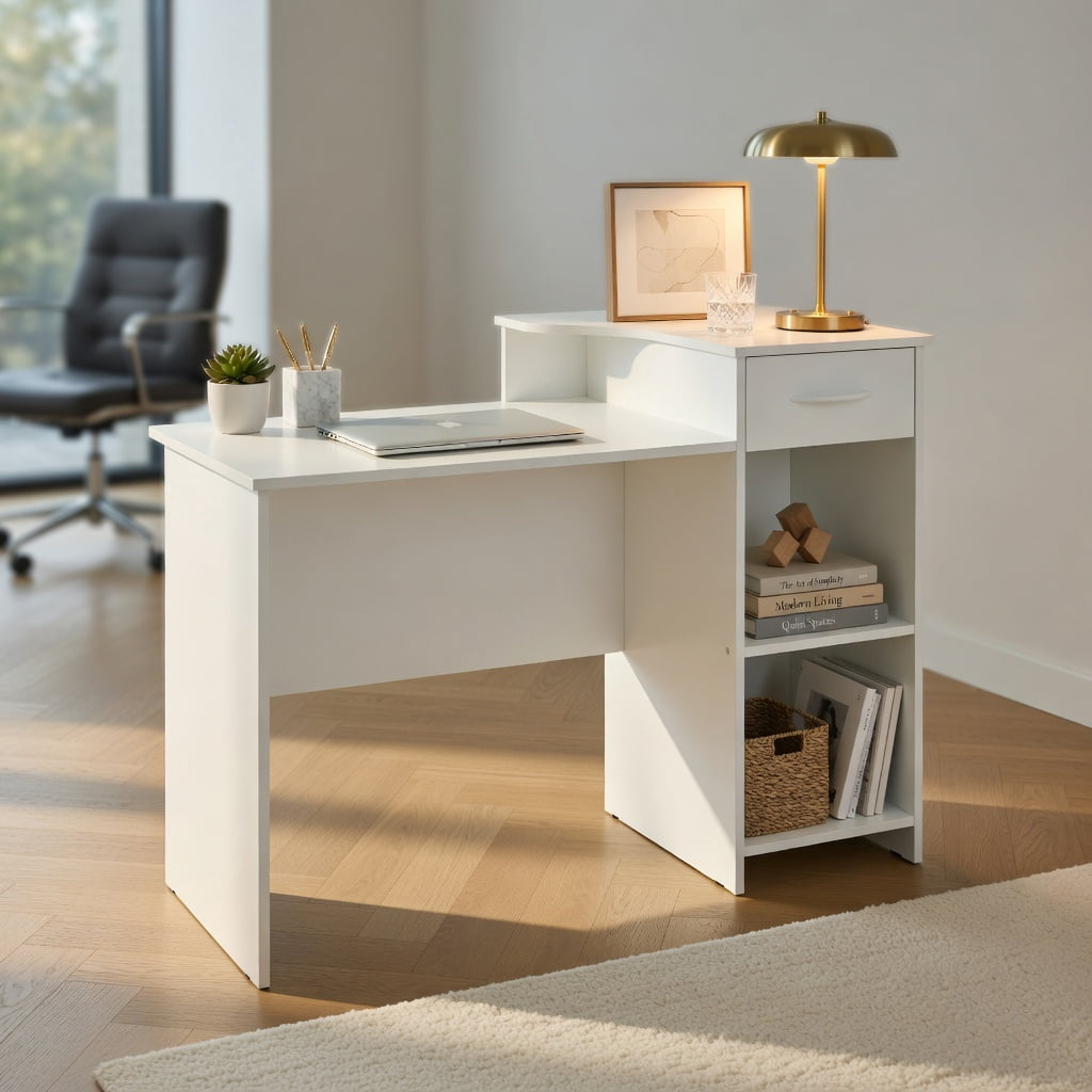 Yardi Yard Computer Desk Modern Laptop PC Desk with Adjustable Shelf and Cable Hole-White, Computer Desk, Gaming Computer Desks for Study,Working,Writing