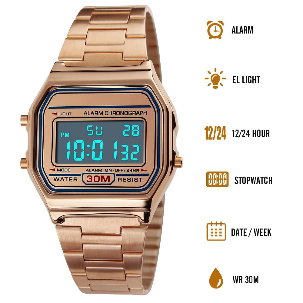 Classic Women's Digital Multifunction Sports Watch Stainless Steel Band Square Waterproof Electronic Led Watch