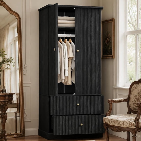 72" Fluted Armoire Wardrobe Closet with 2 Drawers, Adjustable Hanging Rod & Shelf, Freestanding Wooden Clothes Storage Cabinet for Bedroom