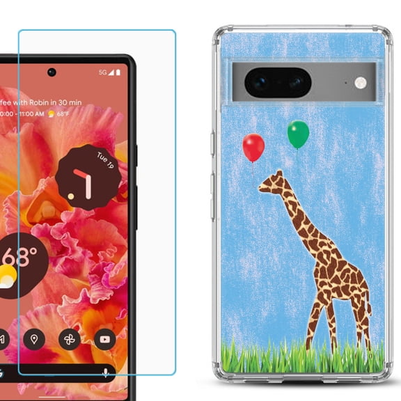 Slim-Fit Gel TPU Phone Case for Google Pixel 7, with Tempered Glass Screen Protector, by OneToughShield ® - Giraffe/Balloon