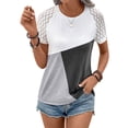 thumbnail image 3 of QAFOPEH Women Color Block Round Neck Crochet Lace Short Sleeve Tops, 3 of 5