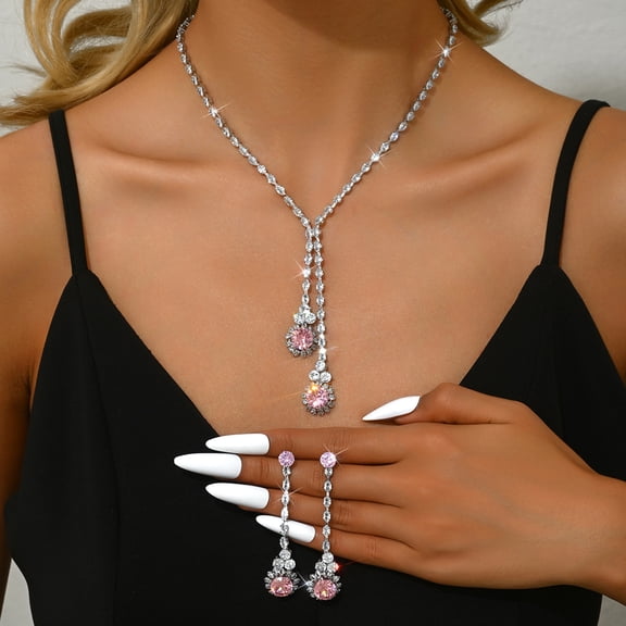 Sunyuer Bridal Jewelry Set, Elegant Pink Waterdrop Tassels Zircon Necklace Earrings Set for Women Wedding Party