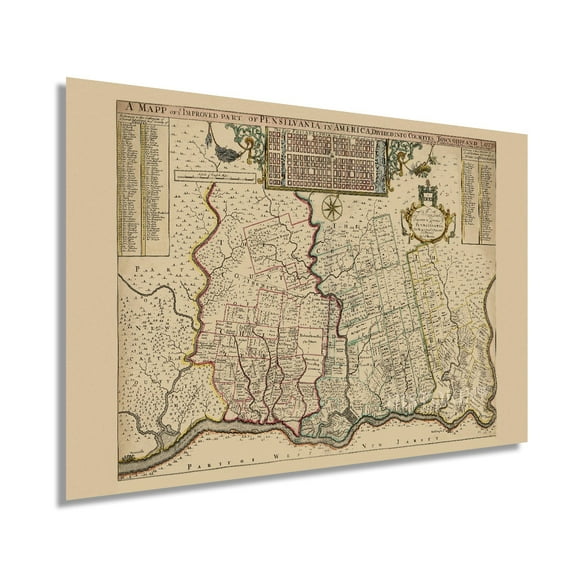 1687 Philadelphia Pennsylvania Map - Old Philadelphia PA Vintage Map Wall Art - Philadelphia Map Print Showing Counties Townships Lots - Philadelphia Map Poster