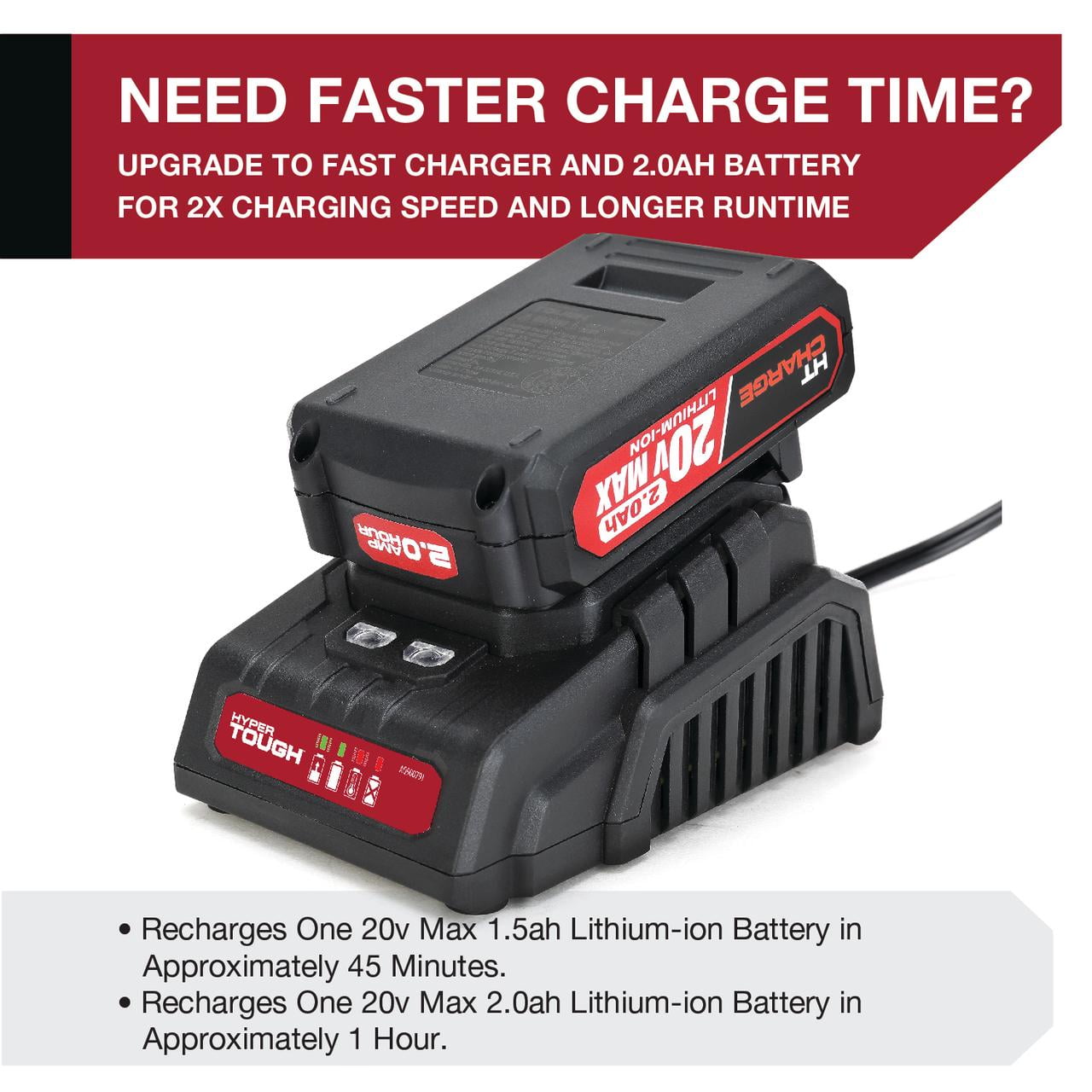 Hyper Tough 20V Lithium-ion Battery Fast Charger for Hyper Tough 20V  Rechargeable Batteries 