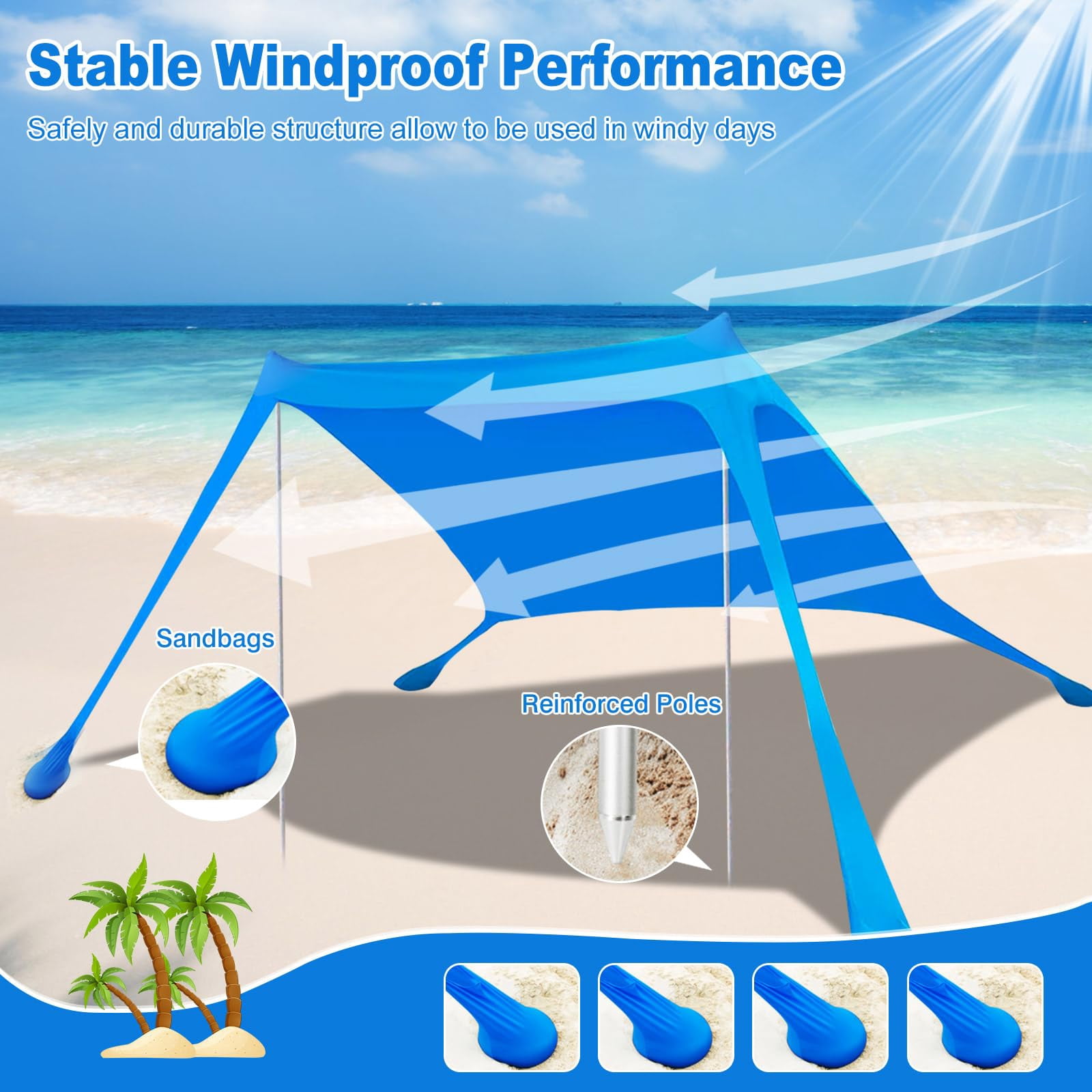 2-Pole Beach Canopy Tent – UPF 50+ Sun Shade with Sandbags & Carry Bag – Windproof, Portable – 78”x78” Fits 6-8 People – for Camping, Backyard, Picnic & Outdoor Activities