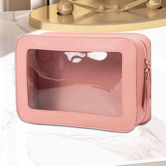 Bolsa de maquillaje para mujer,Ventana transparente,Bolsa de almacenamiento compacta,Organizador de cosméticos para viajes rosa