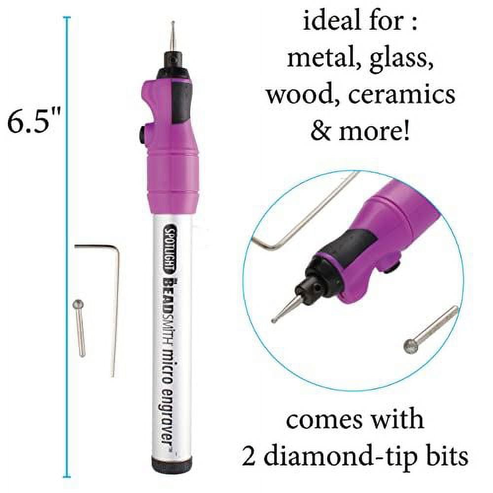 The Beadsmith Engraver Set – Battery Operated Micro Engraver with Spotlight & 2 Round Diamond-Tip Bits – 10-Piece Diamond Tip Bits – Ideal for Engraving on Metal, Glass, Wood, Ceramics & More