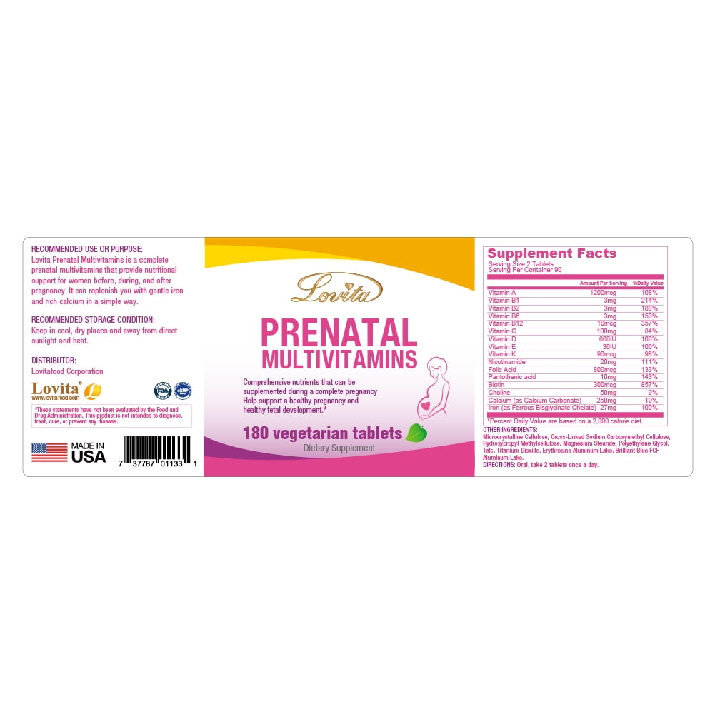 LOVITA Prenatal Multivitamins w/ Folic Acid & Iron, comprehensive support to mom and baby, 180 Vegan Tablets (Pack of 3)