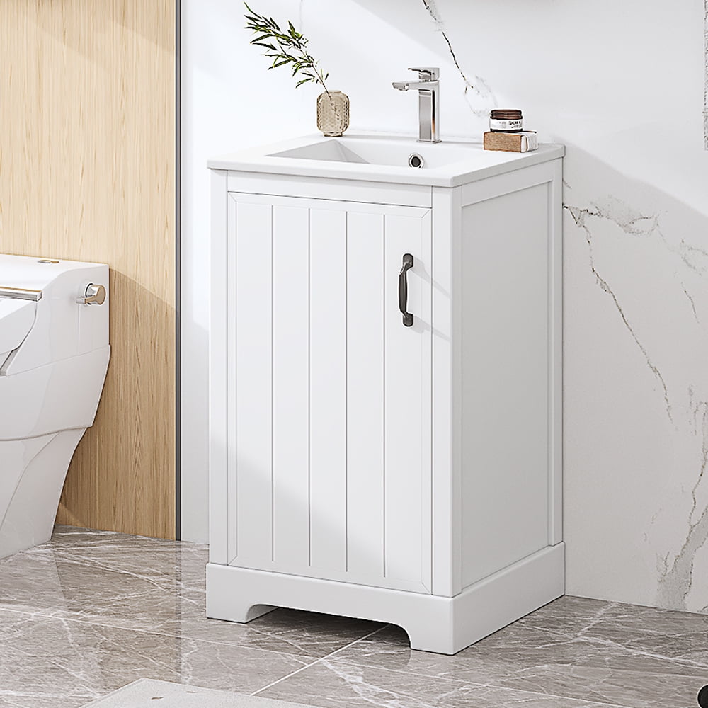 MIDOQIN 20" Bathroom Vanity with Sink, Free Standing Single Basin Vanity Set with Storage Rack Shelf & One Drawer, Wooden Bathroom Cabinet with Ceramic Basin