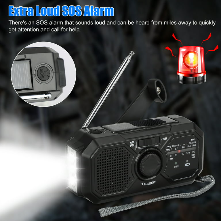 Solar Hand Crank Emergency Radio, EEEkit Portable NOAA Weather Radio with  AM/FM/WB, 3 LED Flashlight, Power Bank USB Charger, SOS Alarm