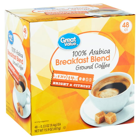 Great Value 100% Arabica Breakfast Blend Coffee Pods, Medium Roast, 48
