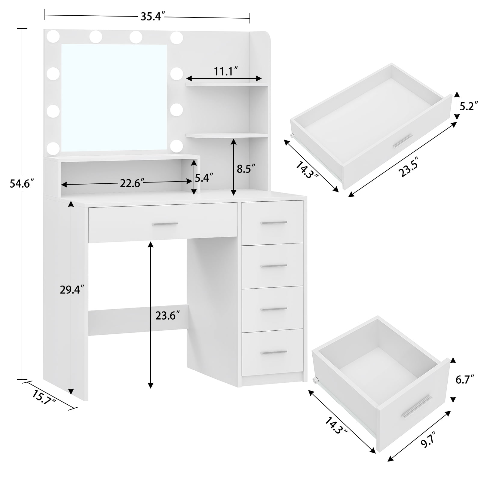 SOMLINE Vanity Set with Mirror, Vanity Desk with 5 Drawers & Storage Shelves, Makeup Vanity , 3 Color Modes & Adjustable Brightness, Bedroom, White