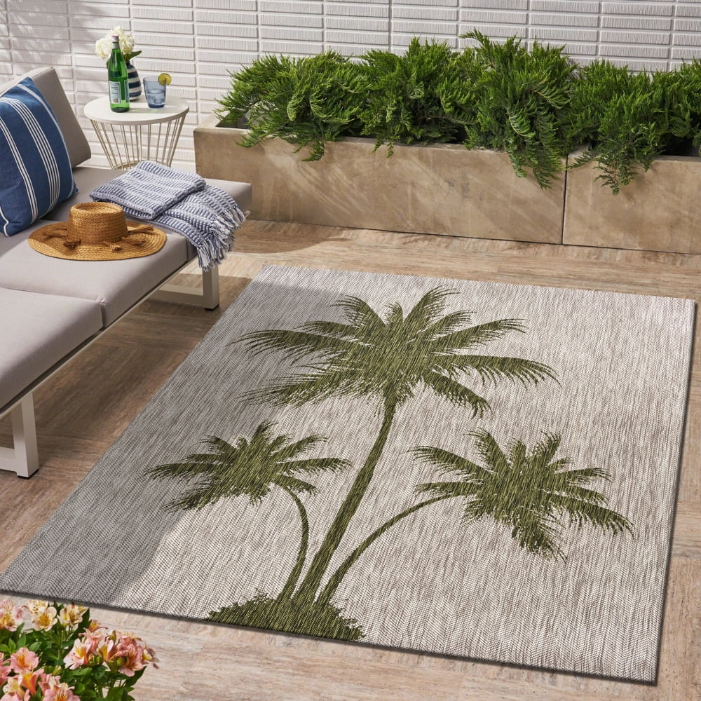 LR Home Catalina Beige / Green 5x7 Tropical Palm Breeze Indoor/Outdoor