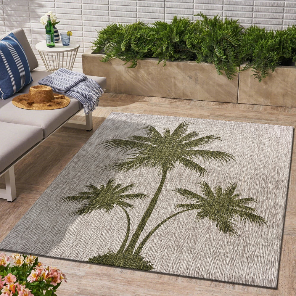 Lr Home Catalina Beige Green 5x7 Tropical Palm Breeze Indooroutdoor Area Rug