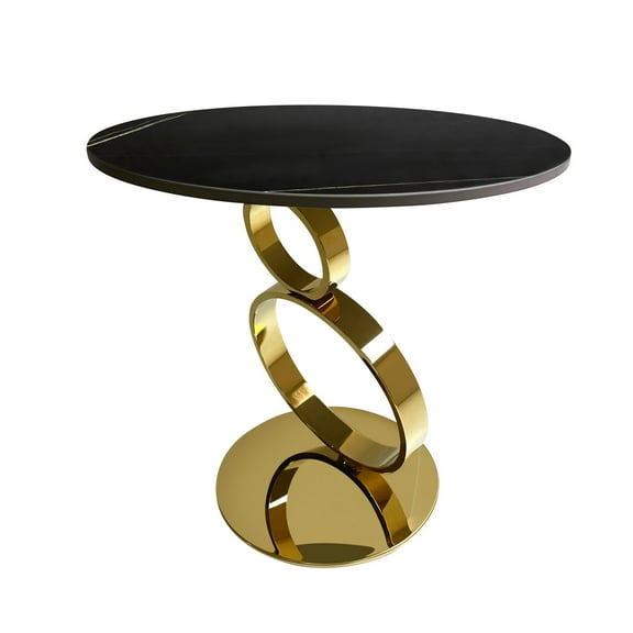 Benjara Tiyo 22" Accent End Table- Round Sintered Stone Top- Black- Gold Steel