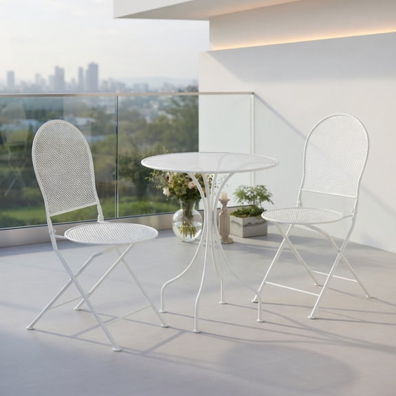 Topcobe 3 Piece Metal Bistro Patio Round Table and 2 Folding Chairs Set, Outdoor Patio Furniture for Garden Backyard Pool Deck-White