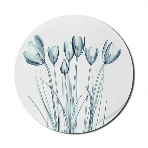 Flower Mouse Pad for Computers, X-ray Image of Tulips Solarized Effect Nature Inspired, Round Non-Slip Thick Rubber Modern Gaming Mousepad, 8" Round, Dark Petrol Blue White, by Ambesonne