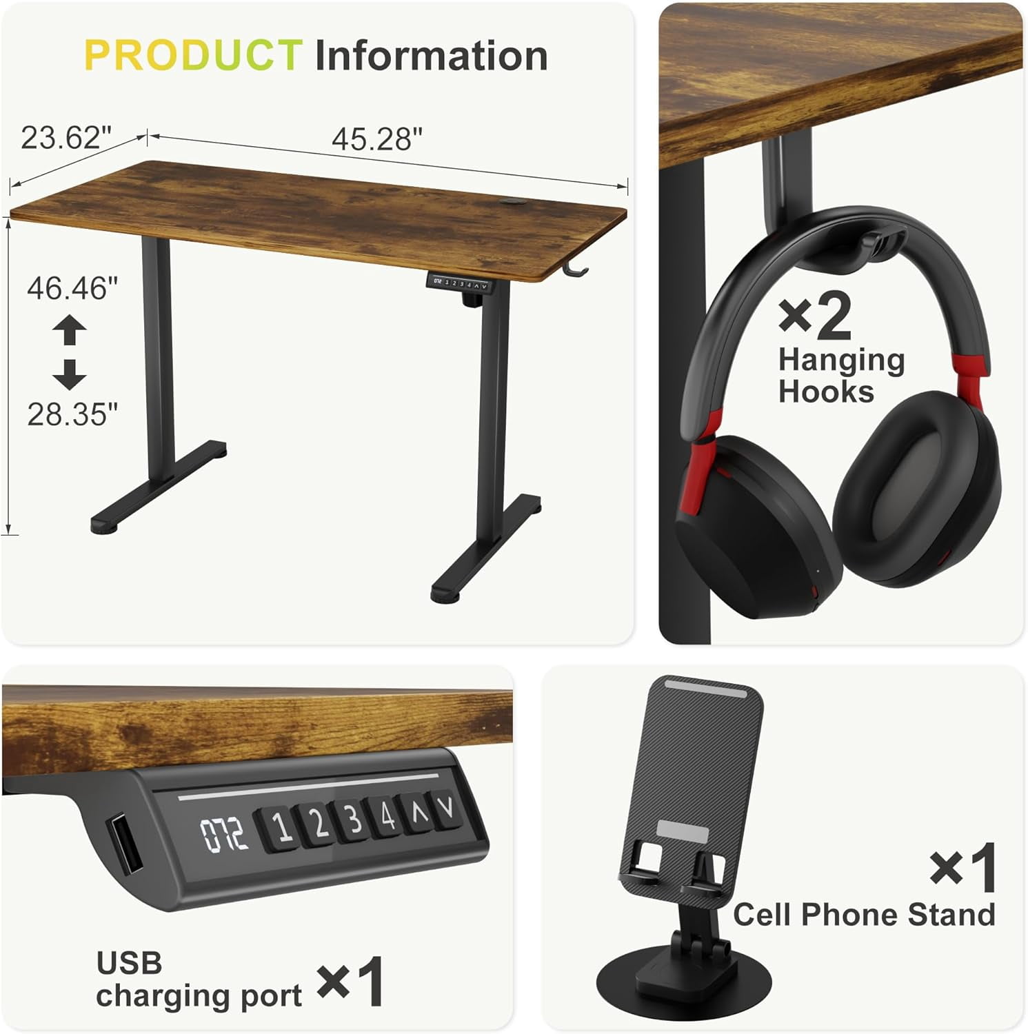 Electric Standing Desk, 45 x 24 Inches Sit Stand up Desk, Sit Stand Height Adjustable Home Office Desk with 4 Height Position Memory - with Splice Board (Rustic Brown, 45)