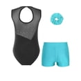 thumbnail image 2 of renvena 3Pcs Kids Girls Dance Gymnastics Outfit Sleeveless Round Neckline Shiny Rhinestones Leotard with V-front Waistband Shorts and Hair Band Blue Green 8, 2 of 7