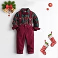 thumbnail image 2 of GobdXE Boys Plaid Long Sleeve Shirt Suspender Pants Outfit Set with Bow Tie formal Wedding Gentleman Suit 1-2 Years,Red, 2 of 9
