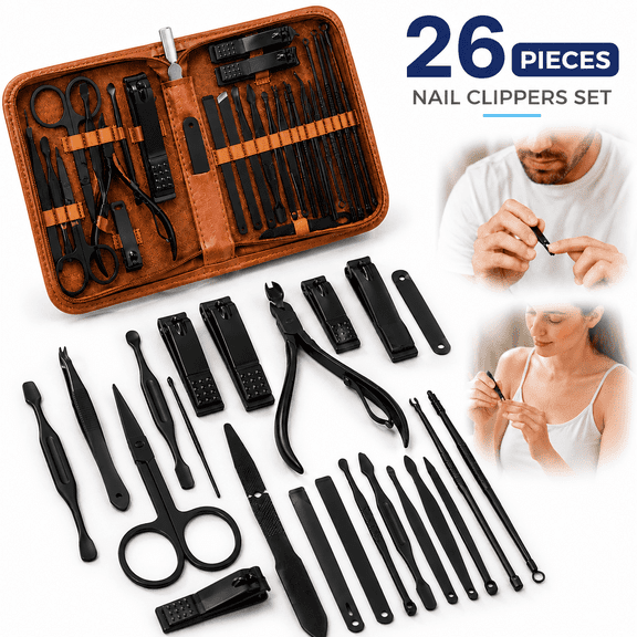 Ustris 26 Pieces Nail Clippers Set Fingernail and Toenail Clipper Cutters, Manicure Pedicure Kit Stainless Steel Professional Grooming Kits, Nail Care Tools with Luxurious Travel Case