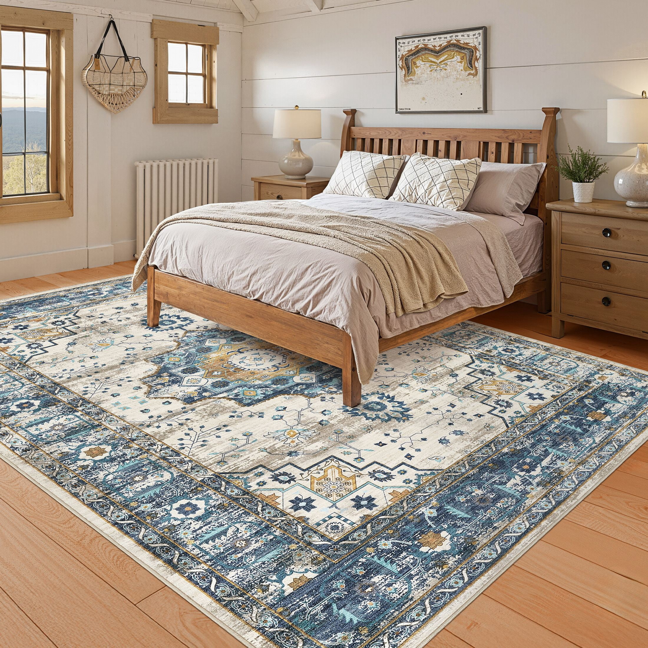 Uermei 10'x14' Large Area Rug: Soft Non-Slip Washable Indoor Carpet for Living Room Bedroom Dining Room Office - Blue Cream