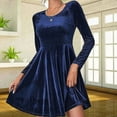thumbnail image 2 of Womens Crew Neck Long Sleeve Spring Fall Dresses,Women's Fashionable And Elegant Long-sleeved Round Neck Velvet Dress Blue, 2 of 5