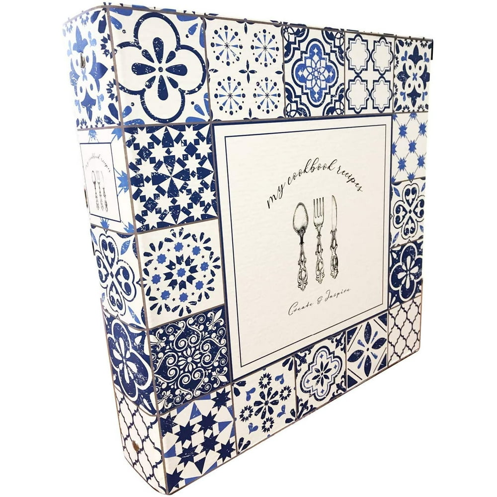 Cookbook Recipe Binder, Blue Pattern 3Ring Binder for Storing Custom
