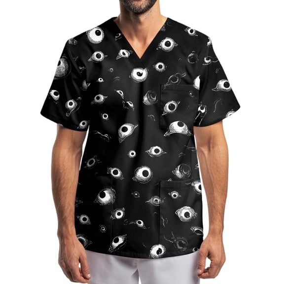 Men's Halloween Scrub Tops V-Neck Short Sleeve Splatter Print Medical Work Shirt with Chest Pocket and Front Pockets Relaxed Fit Uniform Black L