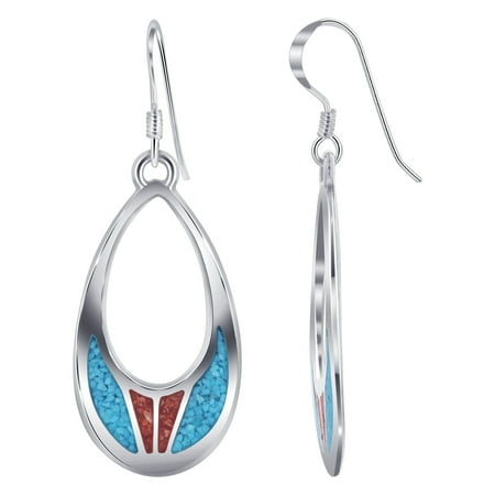 - Gem Avenue 925 Sterling Silver Turquoise and Coral Inlay Drop Earrings Teardrop Shape French Wire Findings