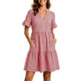 thumbnail image 2 of Byworldtasic Women's A-Line Gingham Tiered Dress, Red White Ruffle Sleeve V-Neck Casual Dress with Pockets, 2 of 9