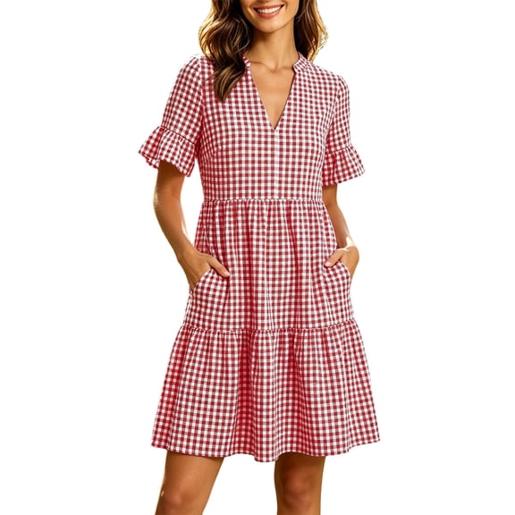 Kukoosong Women's Short Sleeve Midi Dress, V-Neck Striped Tiered Ruffle Dress, Flounce Sleeve Casual Summer Beach Sundress with Pockets