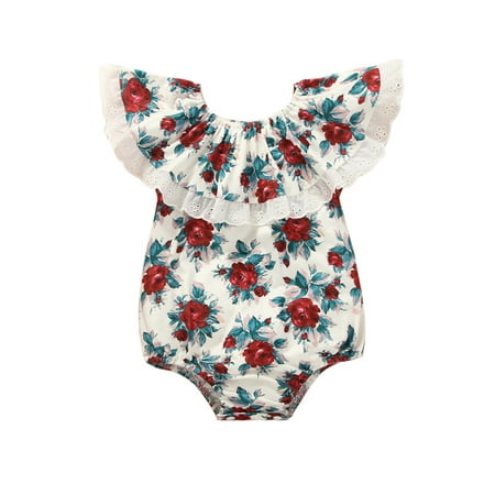 

CenturyX Newborn Infant Baby Girl Summer Jumpsuit Flower Print Sleeveless Ruffled Lace Trim One-Piece Romper 3-6 Months