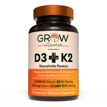 Grow Vitamin D3 K2 with MCT Oil - 10,000 IU D3, 100 mcg K2 MK-7, Calcium, Zinc, Magnesium - 60 Capsules